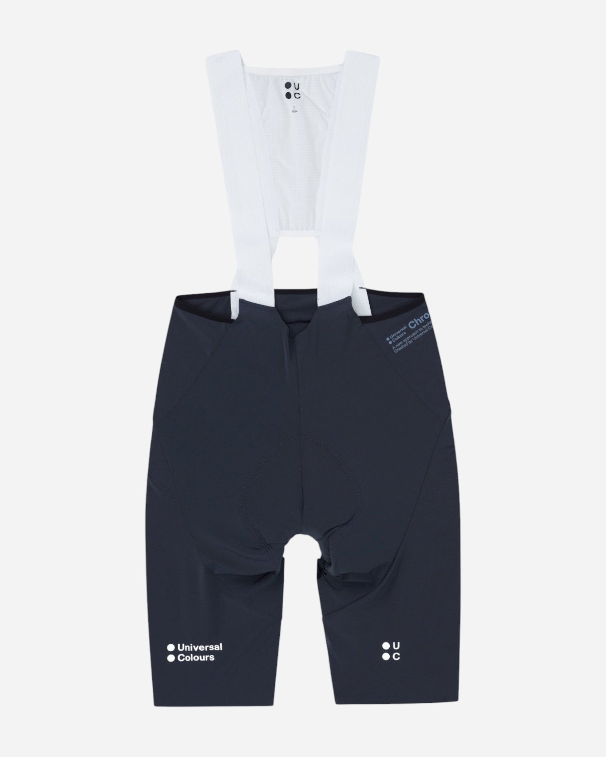 Moloko Cycling Ltd. navy blue Chroma bib shorts with white breathable straps and reflective branding details.