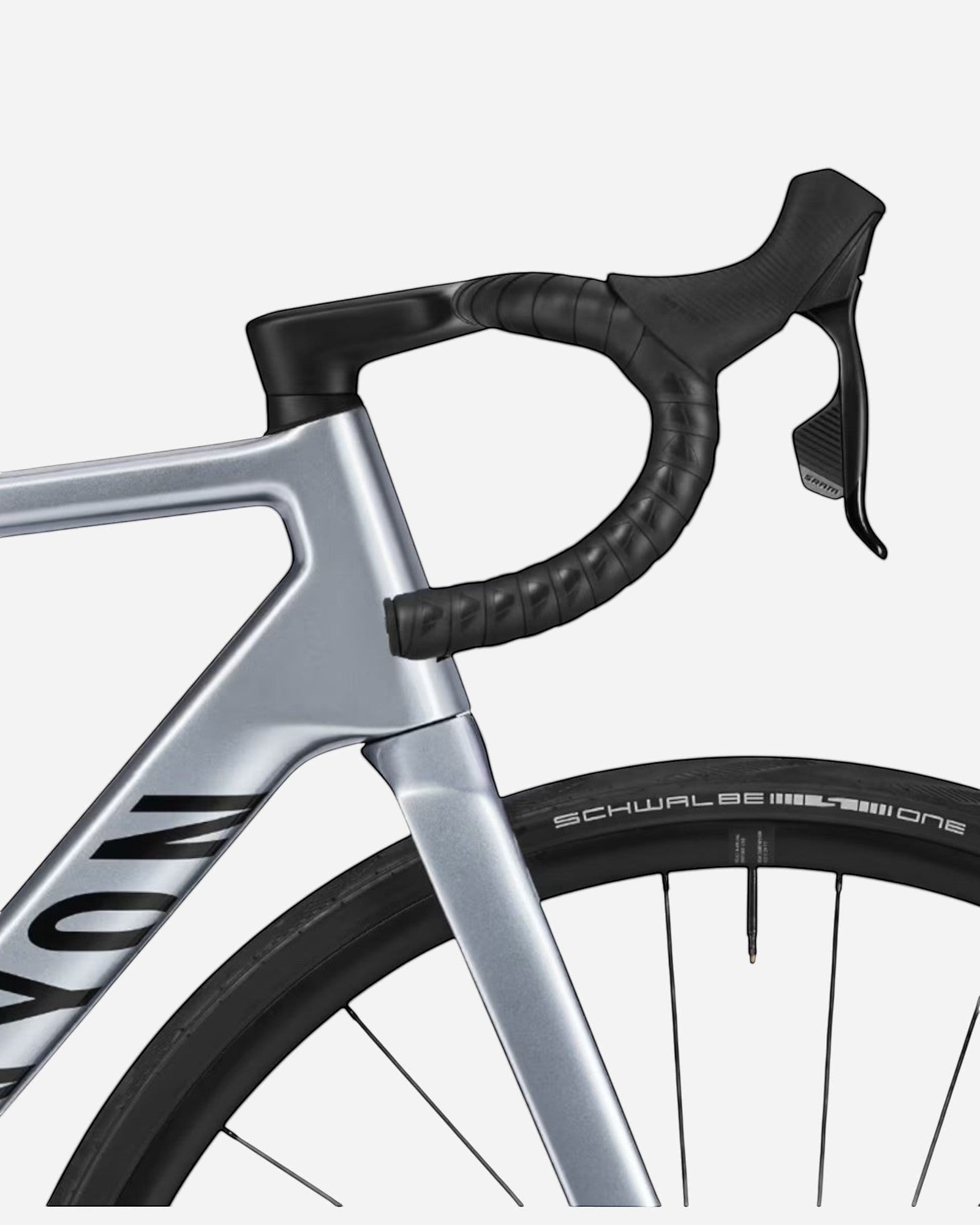 Moloko Cycling Ltd. silver carbon road bike with black handlebars and SRAM AXS electronic shifting.