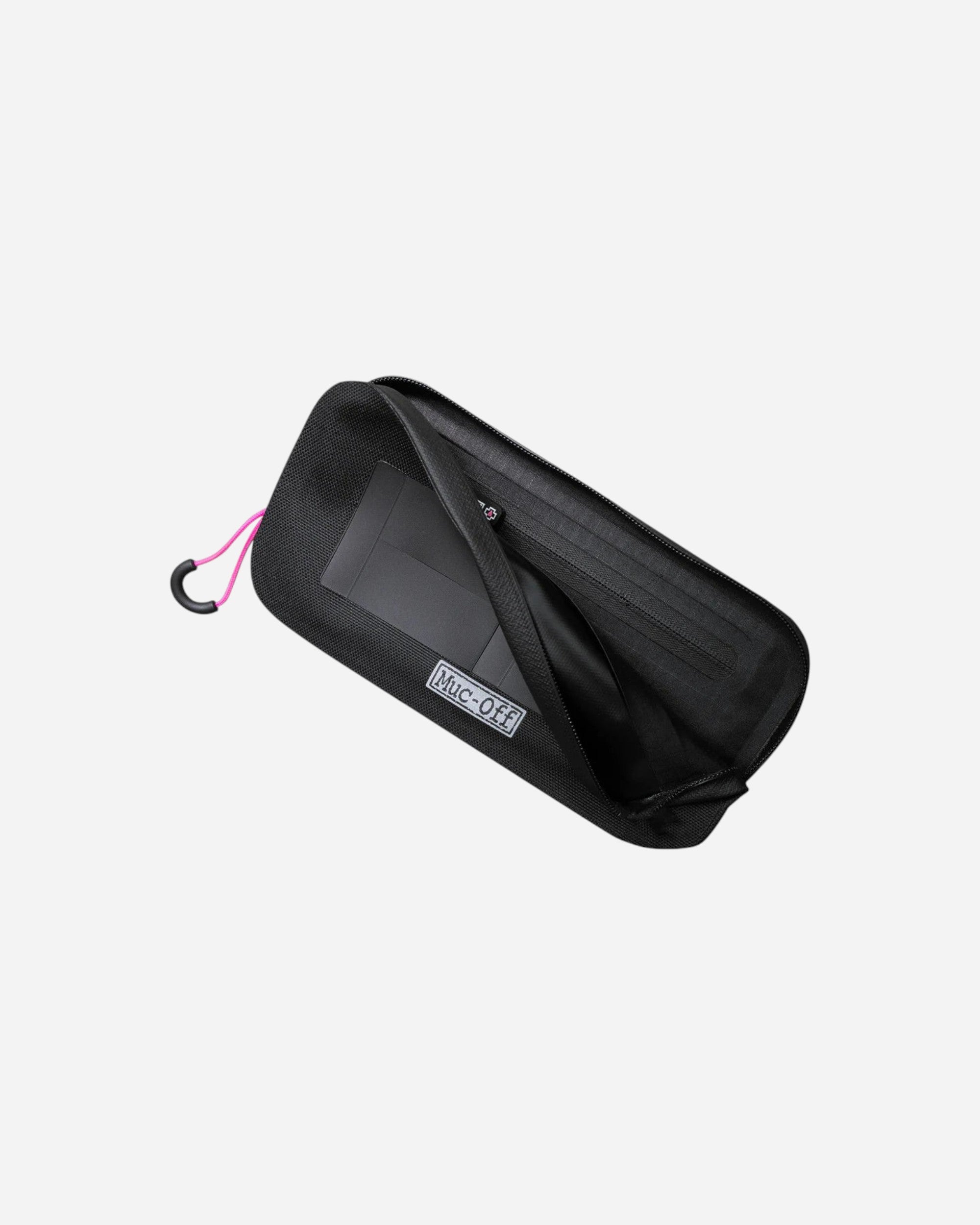 Moloko Cycling Ltd. black waterproof TPU essential case with internal ripstop divider and pink zip pull.