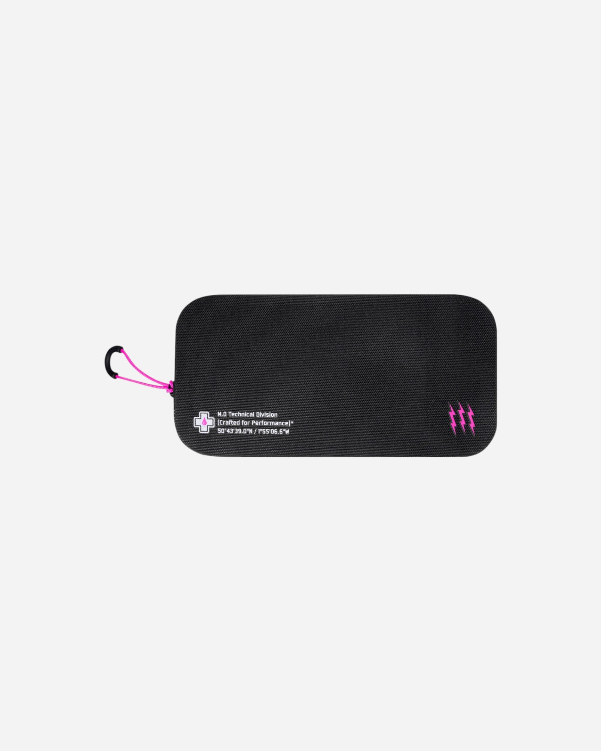 Moloko Cycling Ltd. black waterproof essential case with pink zip pull and technical graphic details.