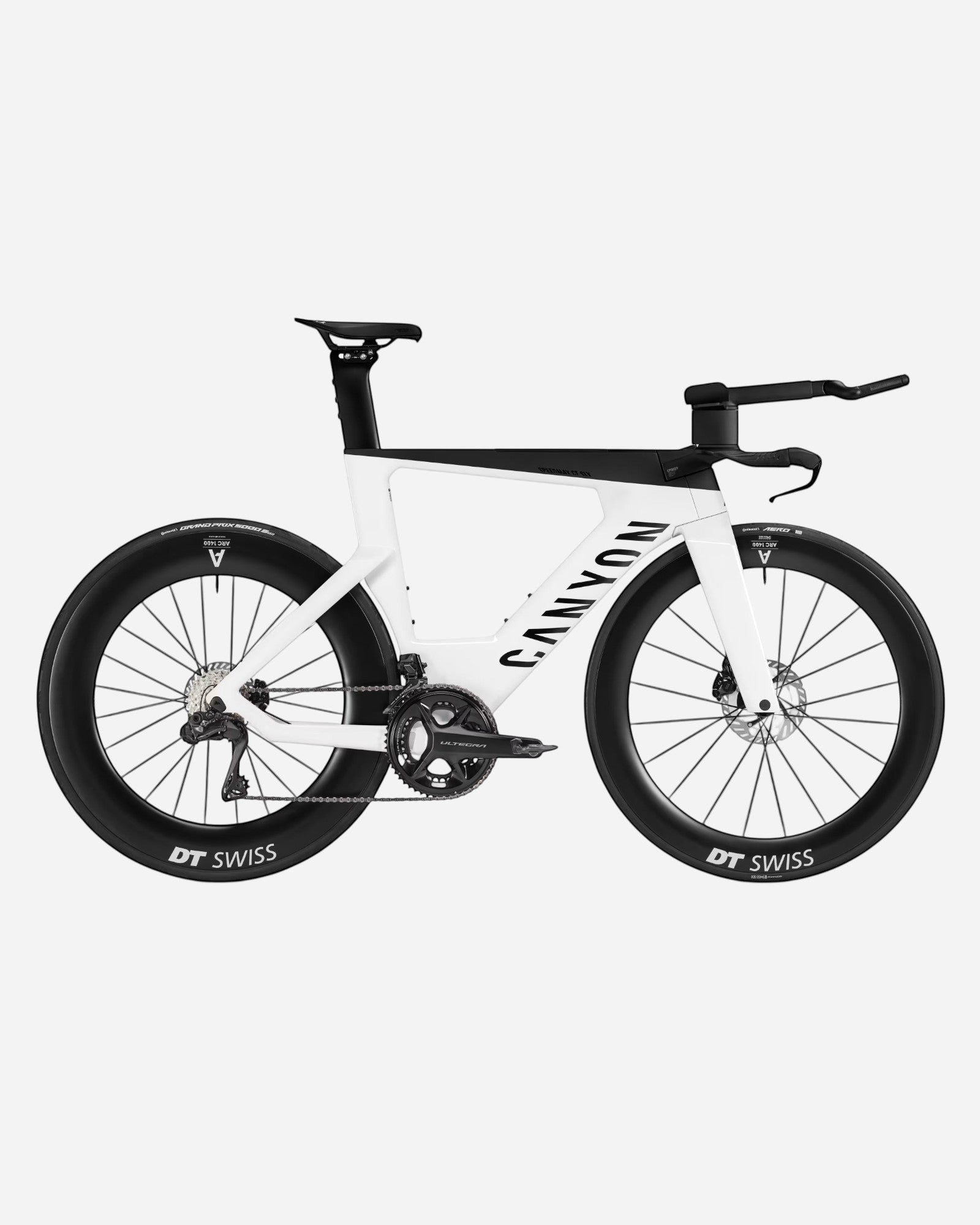 Moloko Cycling Ltd. white and black Speedmax CF SLX 8 Ultegra Di2 triathlon bike, size M, with aerodynamic frame and DT Swiss wheels.