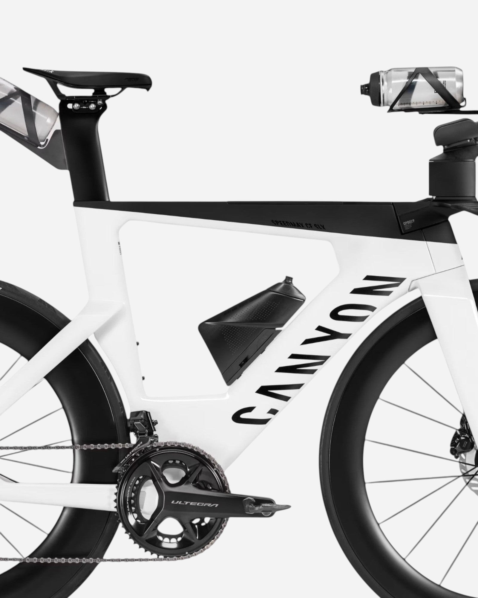Moloko Cycling Ltd. white and black Speedmax CF SLX triathlon bike with Ultegra Di2 groupset and integrated hydration.