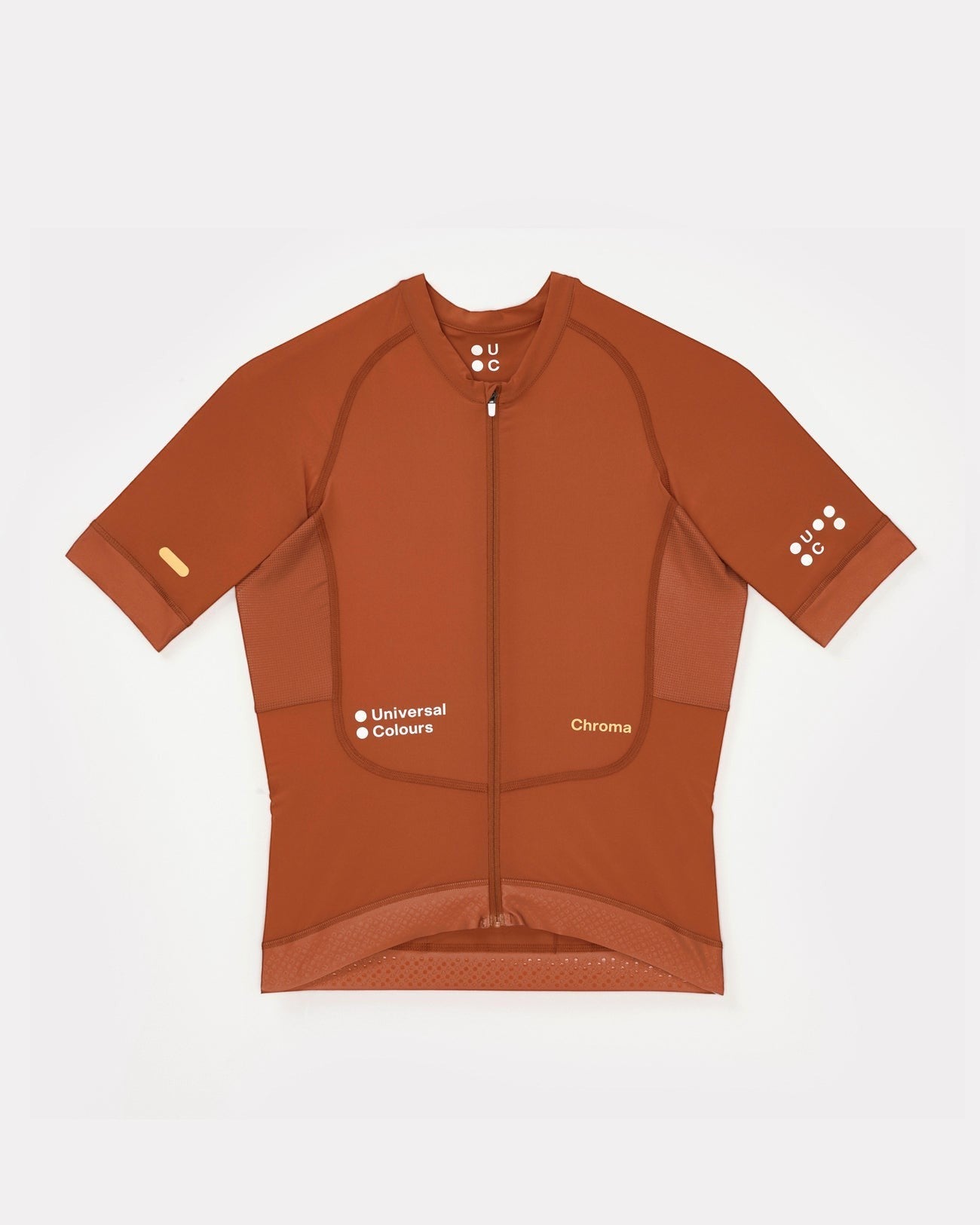 Moloko Cycling Ltd. women's short sleeve cycling jersey in Cyprus Copper. Made from recycled polyester with a matte finish and three rear pockets.