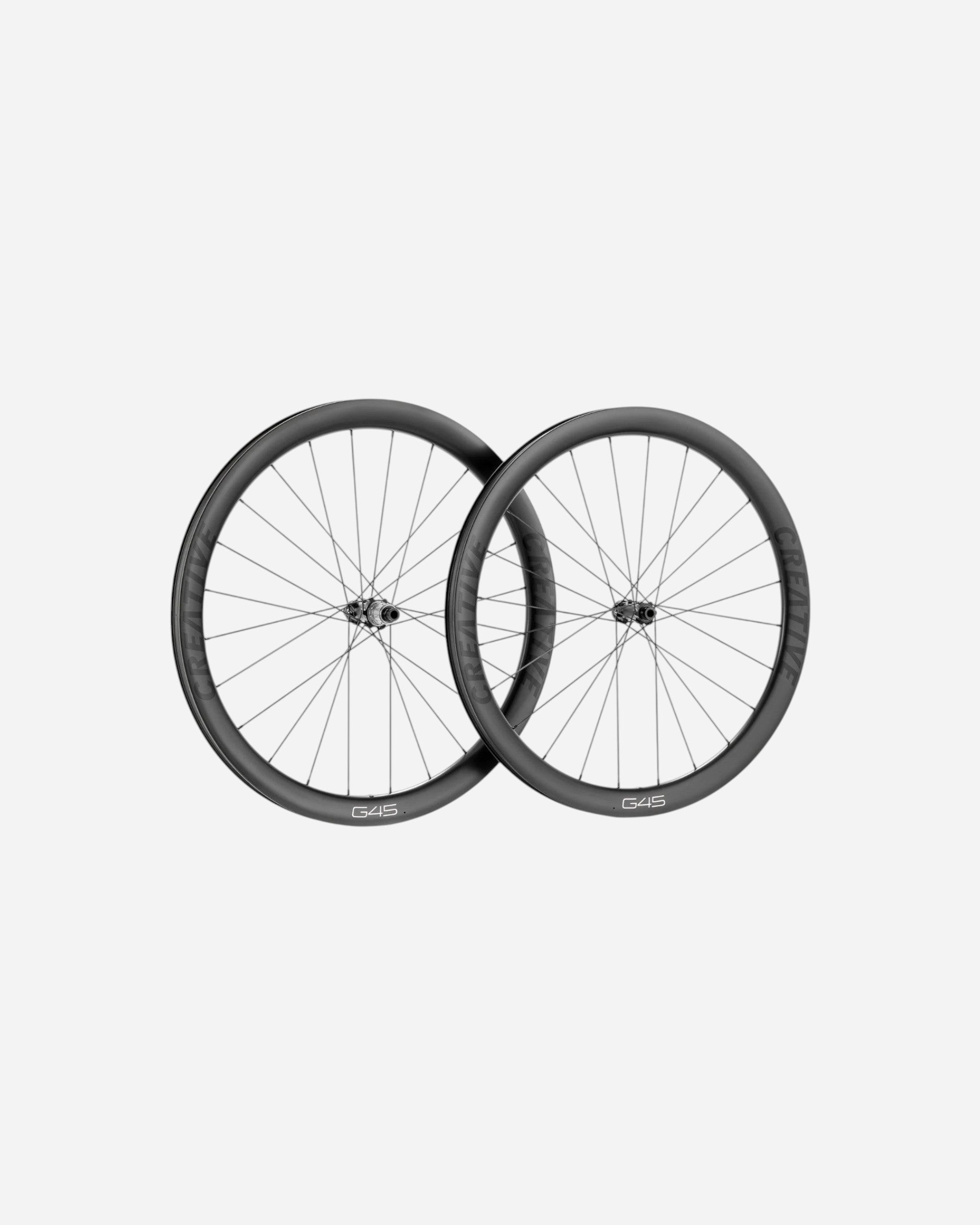 Moloko Cycling Ltd. G45 carbon disc brake wheelset, 45mm deep, tubeless ready with Sapim CX-Ray spokes.