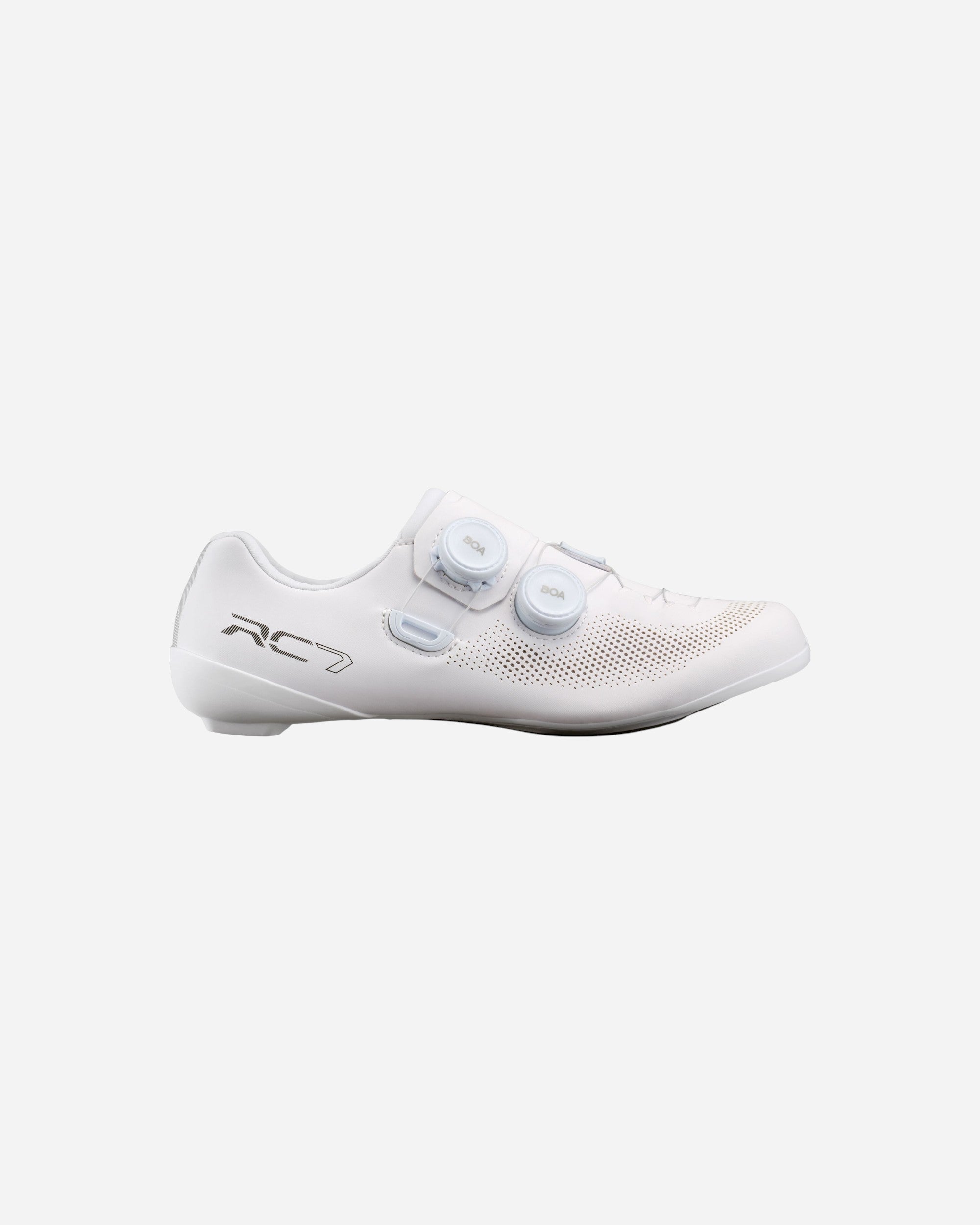 Moloko Cycling Ltd. white women's road cycling shoes with BOA L6C dial closure and perforated synthetic leather upper.